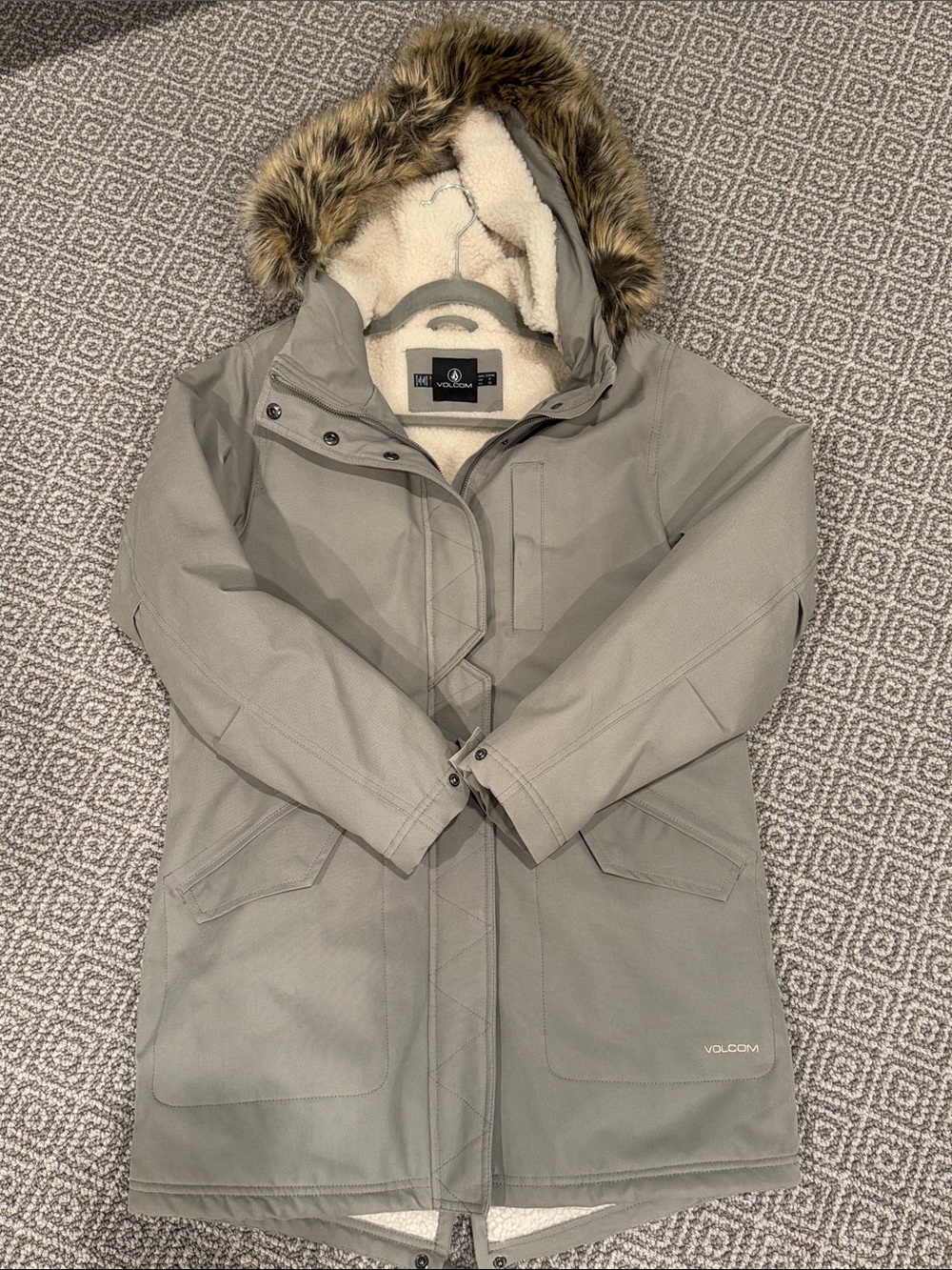 Volcom Women's Hooded Parka in Light Olive/Gray with Faux Fur Trim